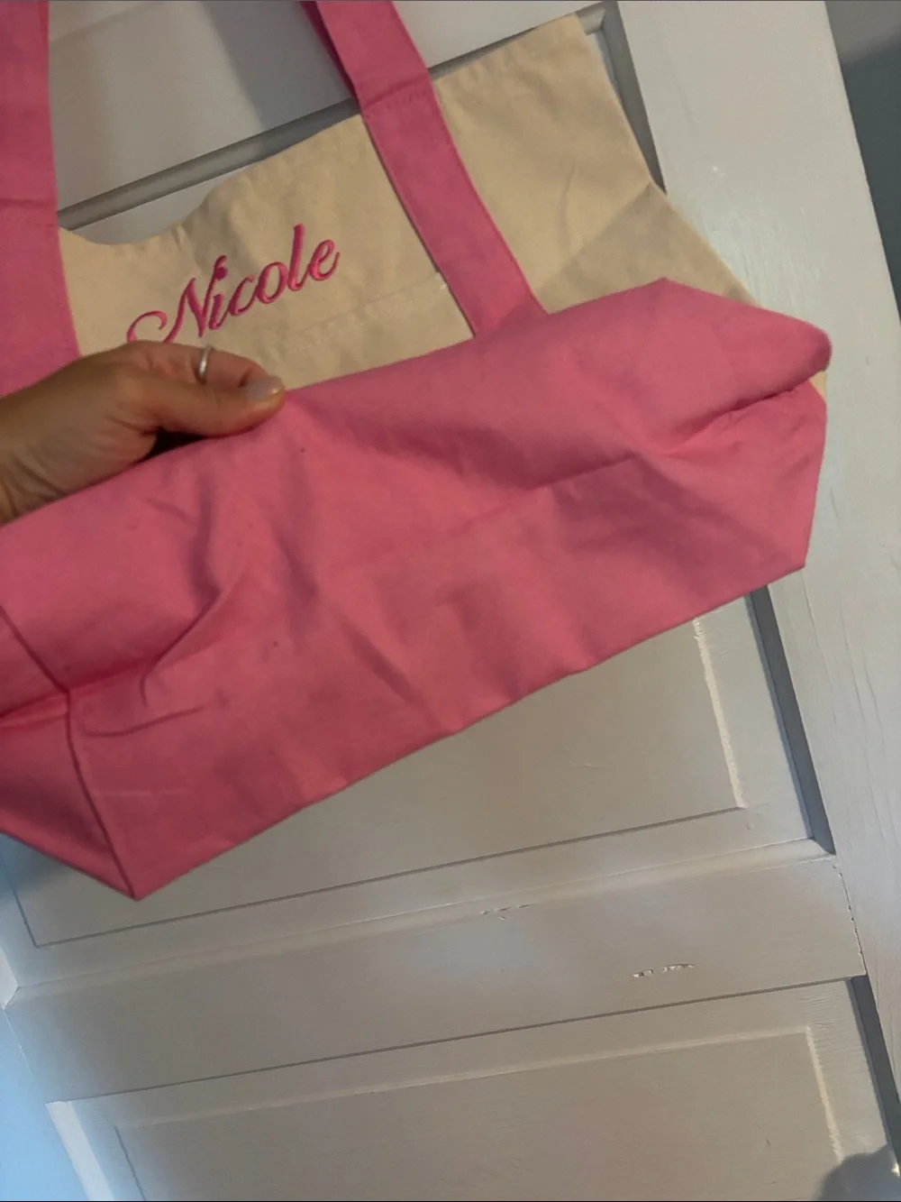 Personalized ‘Nicole’ Canvas Tote Bag - Pink and Cream